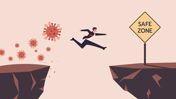 Business Man Pme Runaway Covid Coronavirus Crisis Jumping Gap Obstacles — Image vectorielle