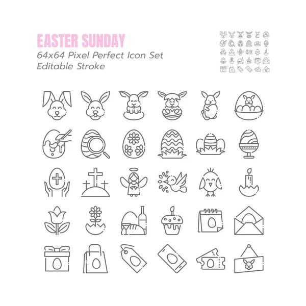 64X64 Pixel Perfect Simple Set Easter Day Vector Esquema Delgado — Vector de stock