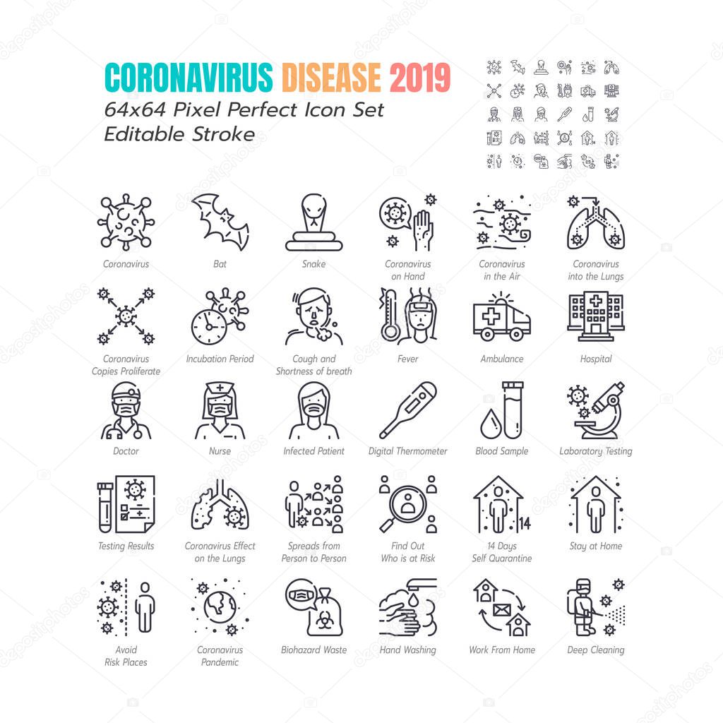 Simple Set of Coronavirus Disease 2019 Covid-19 Line Icons. such Icons as Symptoms, Infection, Laboratory Testing, Social Distancing, Stay Home, Quarantine. 64x64 Pixel Perfect Editable Stroke. Vector