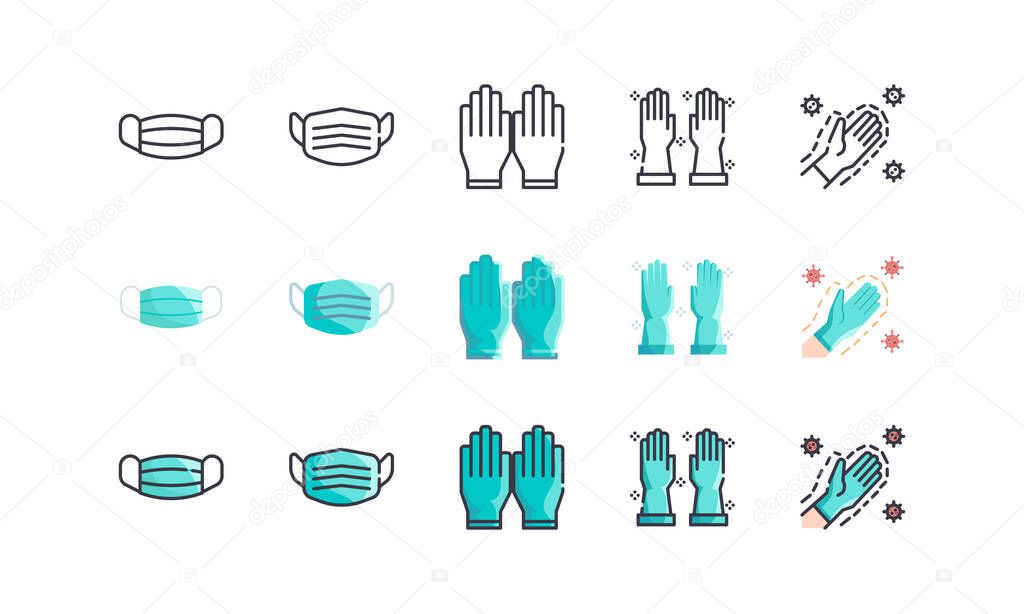 Surgical Mask And Medical Gloves. Covid-19, Coronavirus Disease 2019 Prevention. Line Outline, Flat, Filled Icons Set. Editable Stroke. Vector illustration EPS 10.