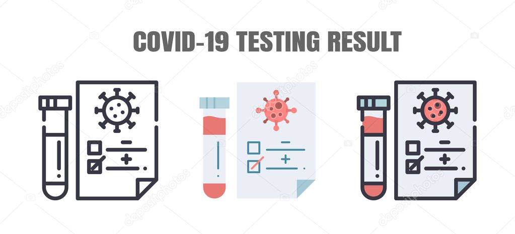 Testing Result of Covid-19 Patients is Negative or Positve. The Coronavirus Disease 2019 Infection Treatments. Line outline, Flat, Filled Icons Set. Editable Stroke.