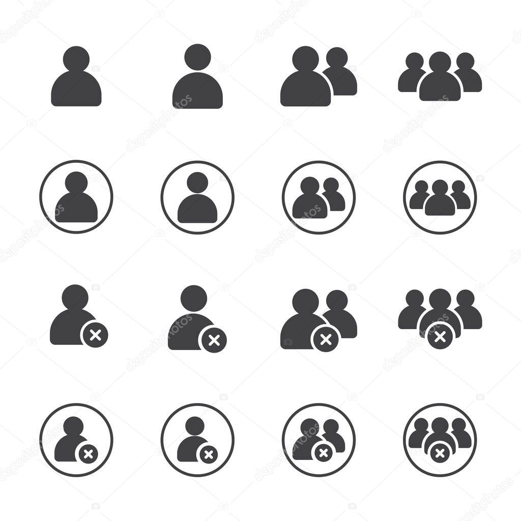 Set of User and delete friend with X cross and round for Accounting, Profile, Administrator,Social Media, Mobile apps, internet web, etc. flat solid glyph Icon - Vector illustration EPS 10.