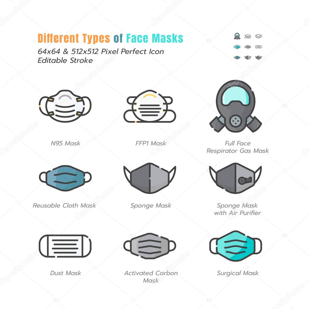 Different Type of Face Masks. Covid-19, Coronavirus Disease 2019 Prevention. N95, Surgical Mask and More. Filled Outline Icons Set. Editable Stroke. Vector illustration EPS 10.