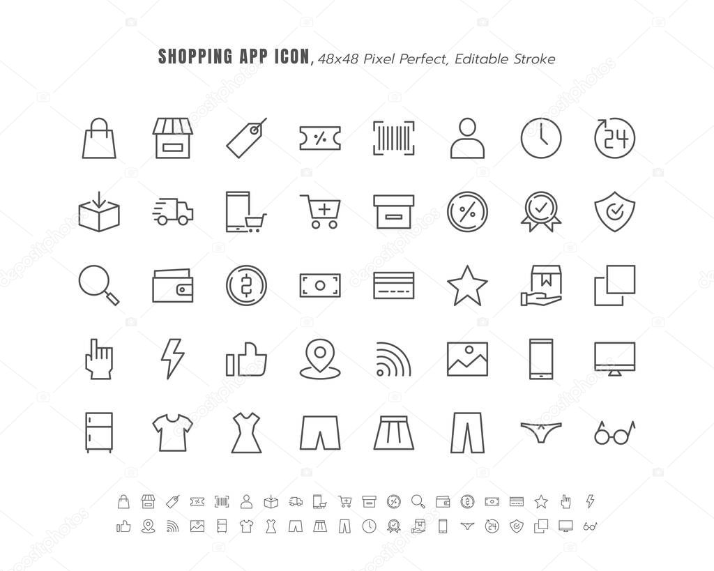 Simple Set of Ecommerce Online Shopping App User Interface. Such as Shop, Warrnaty, Clothing, Cart, Delivery, Price Tag, E-Wallet. Thin Line Outline Icons Vector. 48x48 Pixel Perfect. Editable Stroke.