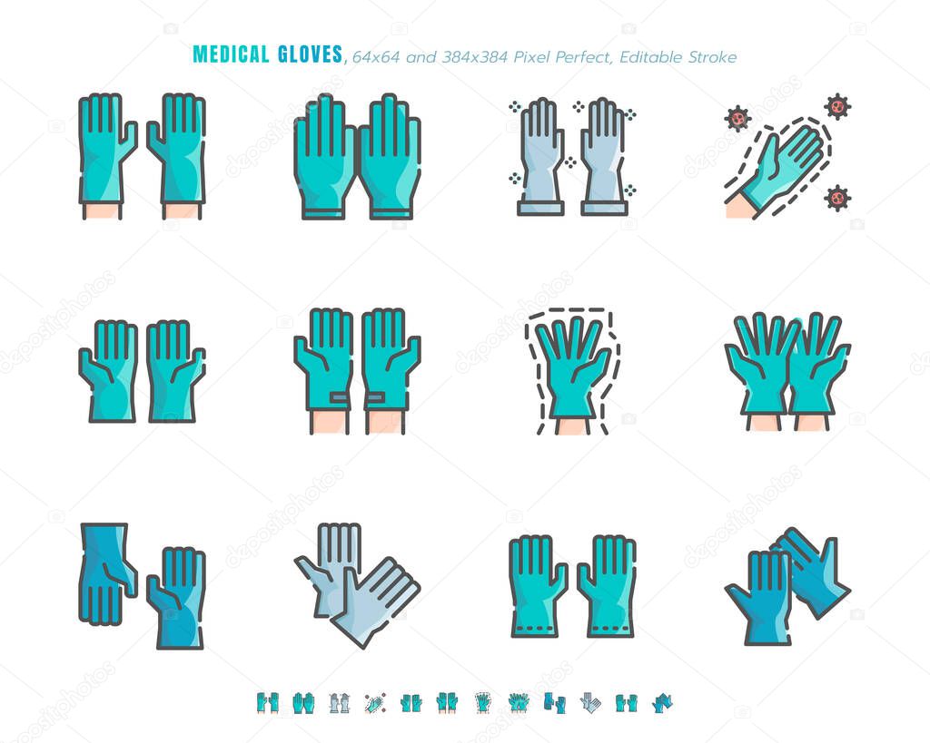 Simple set of Medical Gloves. Covid-19 or Coronavirus Disease 2019 Prevention Related. Filled Outline Flat color Icon Set. 64x64 Pixel Perfect. Editable Stroke. Vector Illustration EPS 10.