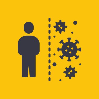 Sosyal Mesafe. Sarı Dikkat İşareti. Coronavirus Hastalığı 2019 Covid-19 Önleme, Yeni Normal Konsept. Katı Glyph Simgesi. Sembol Vektör İllüstrasyonu EPS 10.