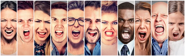 Wütende Menschen schreien. Gruppe von Männern Frauen frustriert schreien — Stockfoto