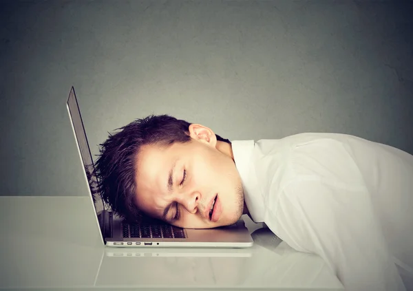 Young business man sleeping on his laptop Royalty Free Stock Images