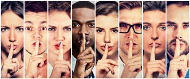Group of people men women with finger on lips gesture 