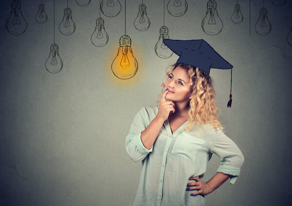 Thoughtful graduate student in cap gown looking up at light bulb