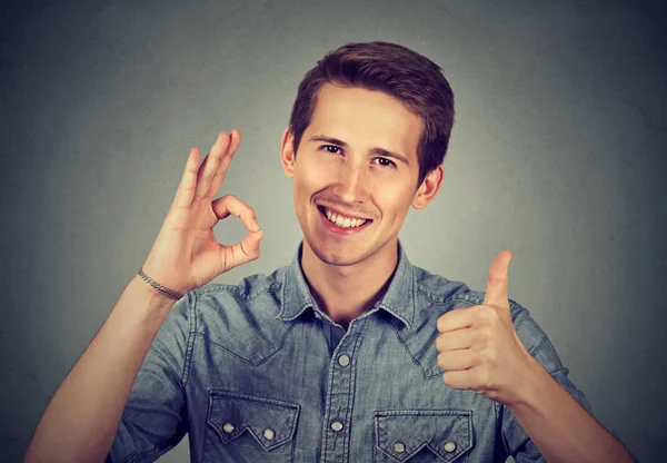 Enthusiast man with thumbs up ok hand gesture — Stock Photo, Image