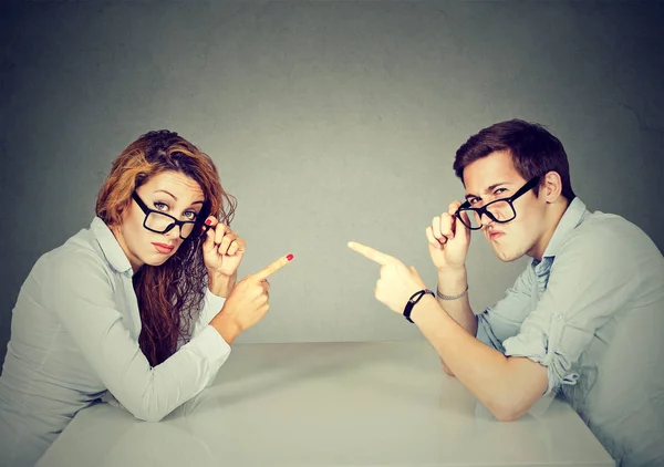 Man woman pointing fingers at each other blaming each other — Stock Photo, Image