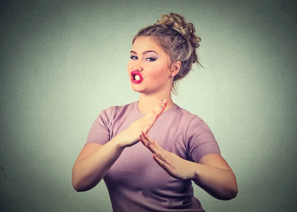 Angry furious woman raising hands in the air with karate chop — Stock Photo, Image