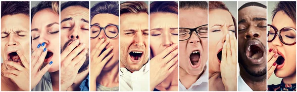 Multi-etnische groep slaperig mensen vrouwen mannen geeuwen uitziende vervelen — Stockfoto