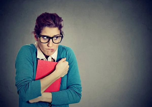 Insecure nerdy young woman student — Stock Photo, Image