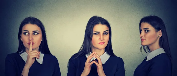 Stiekeme, sluwe, gekonkel jonge vrouw iets plotten — Stockfoto