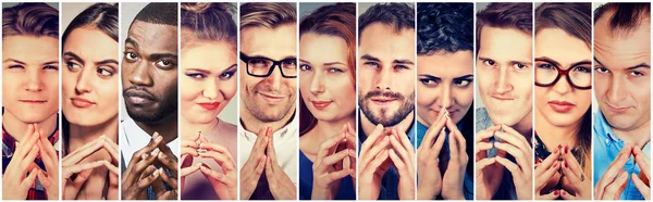 Multiethnic group sneaky sly liar people women men plotting something — Stock Photo, Image