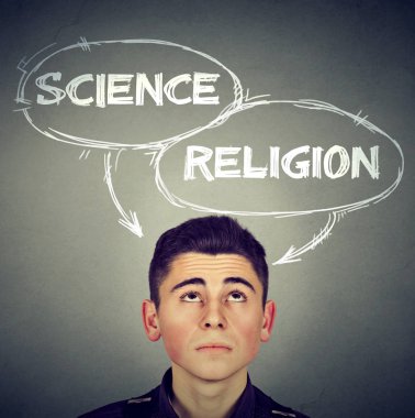 Thoughtful young man making up his mind science or religion   clipart