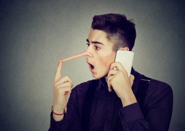 Surprised man with long nose talking on mobile phone Liar concept  clipart