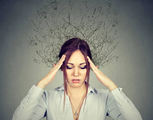 Woman with worried stressed face expression brain melting into lines — Stock Photo, Image