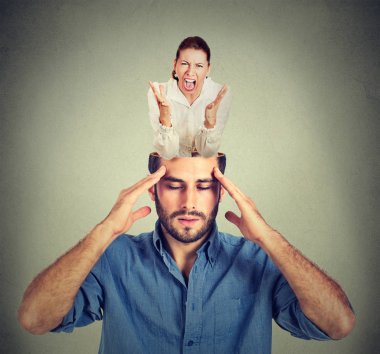 Stressed man with open head and screaming woman inside his brain clipart
