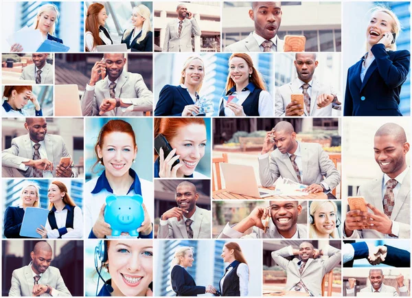 Collage geschäftiger Multitasking-Geschäftsleute - Mann und Frau im urbanen Umfeld — Stockfoto