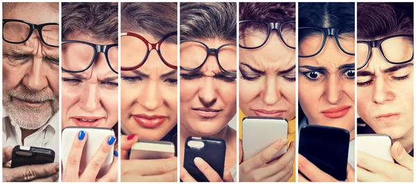 Grupo de pessoas homens e mulheres com óculos tendo dificuldade para ver o telefone celular — Fotografia de Stock