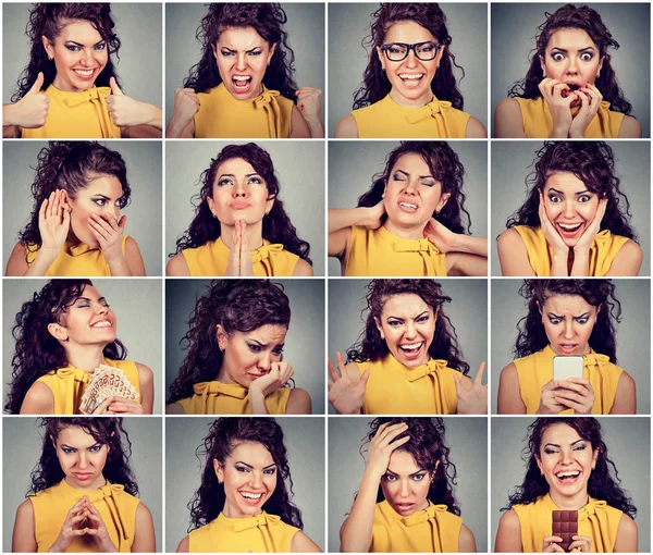 Collage di una giovane donna che esprime emozioni e sentimenti diversi — Foto Stock