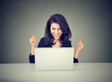 onu laptop başarı kutluyor Office ile oturan genç iş kadını 