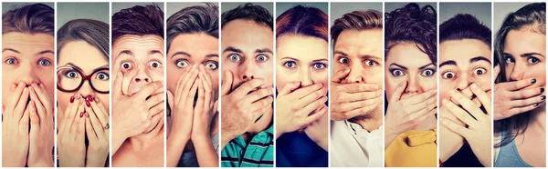 Група шокованих людей чоловіків і жінок, що покривають рот руками — стокове фото
