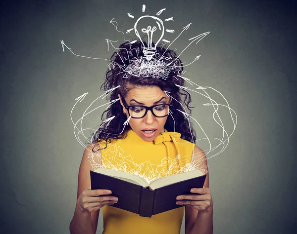 Mujer sorprendida leyendo un libro cautivada por un giro inesperado de la trama —  Fotos de Stock