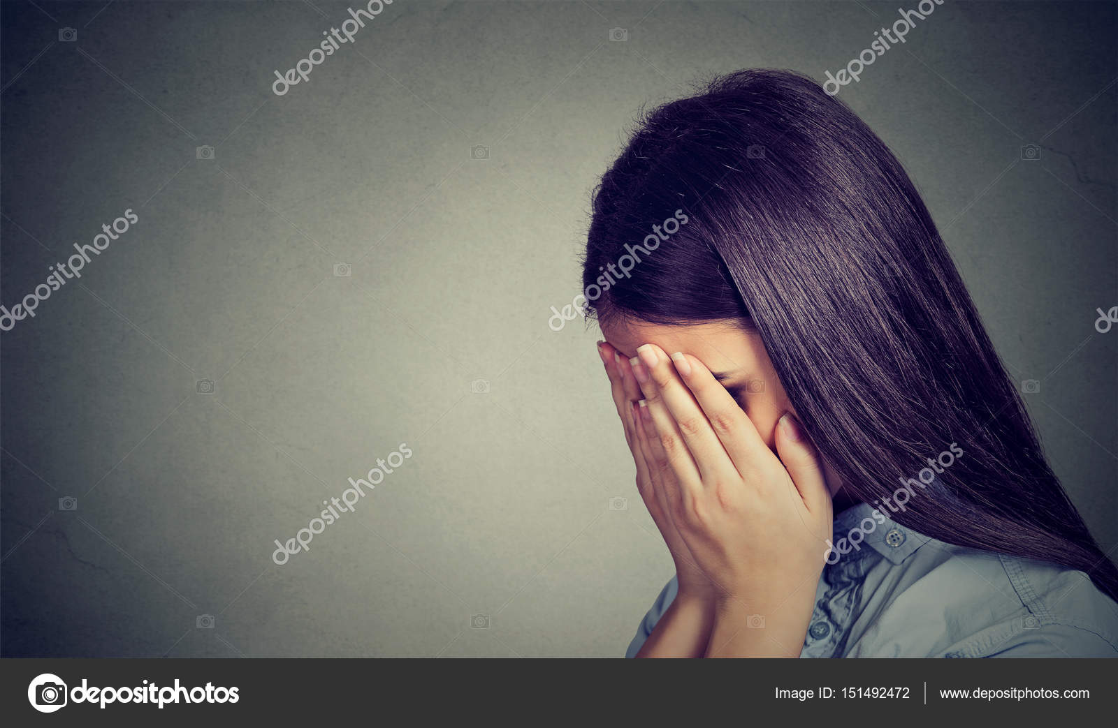 Side Profile Of A Sad Woman Covering Her Face With Hands Stock