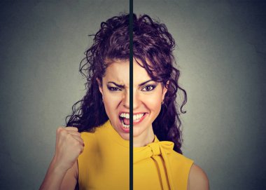 Bipolar bozukluk ve bölünmüş Kişilik kavramı. Gri arka plan üzerinde izole çift yüz ifadesi ile genç kadın