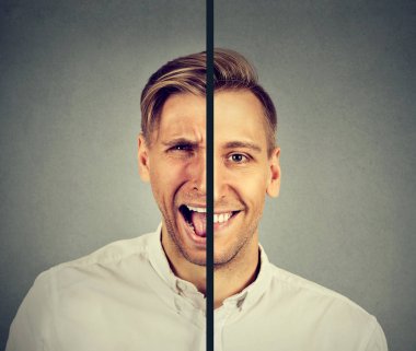 Bipolar bozukluk kavramı. Çift yüz ifadesi ile genç adam 