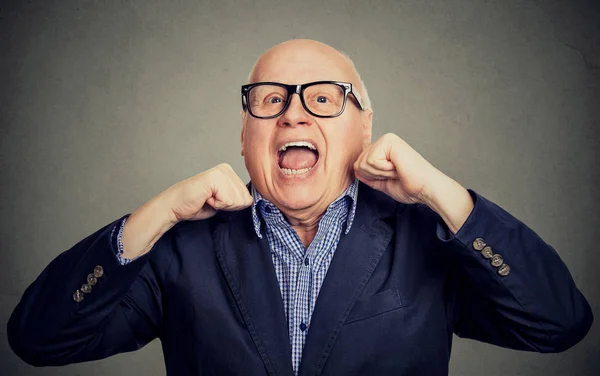 Happy laughing senior old man with hands up — Stock Photo, Image