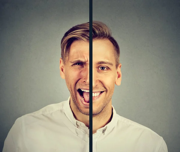 Bipolaire wanorde concept. Jonge man met dubbele gezicht expressie — Stockfoto