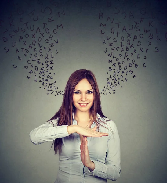 Smiling woman showing time out hand gesture stop talking too much. — Stock Photo, Image