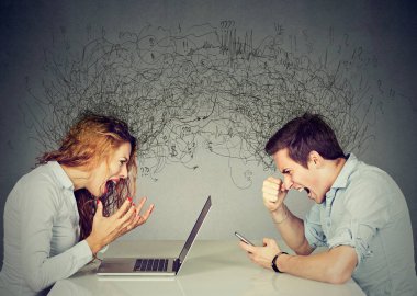 Stressed business woman screaming at laptop sitting at table across angry man shouting at mobile phone exchanging with clutter of negative thoughts and emotions. Distant relationship concept  clipart