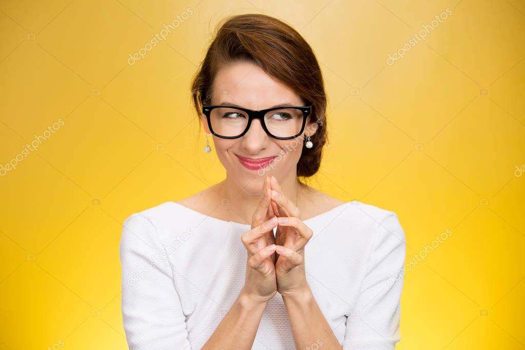 crazy looking sly woman in black glasses 