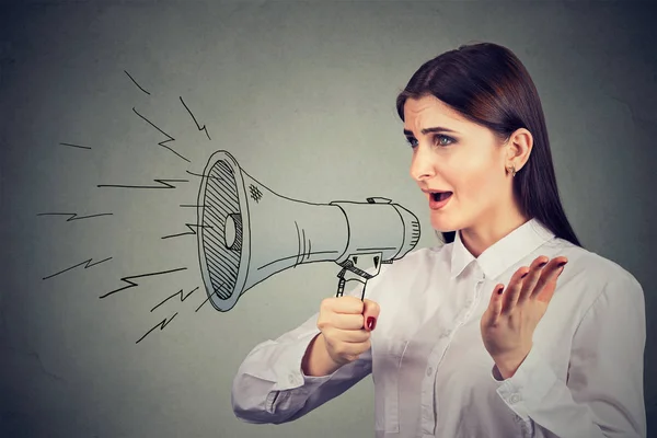 Woman making announcement with megaphone — Stock Photo, Image