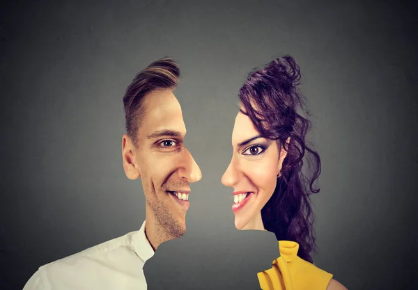 Frente retrato surrealista com perfil recortado de um jovem feliz e mulher — Fotografia de Stock