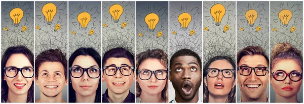 Group of people men and women with many ideas light bulbs above head looking up. — Stock Photo, Image