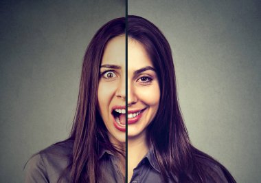 Bipolar bozukluk ve bölünmüş Kişilik kavramı. Kadın çift yüz ifadesi ile 