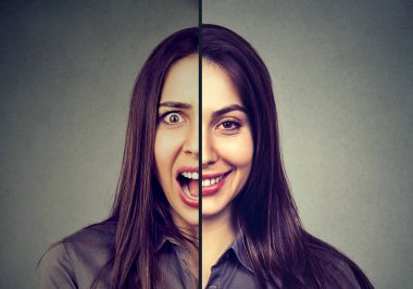Bipolar disorder and split personality concept. Woman with double face expression  clipart