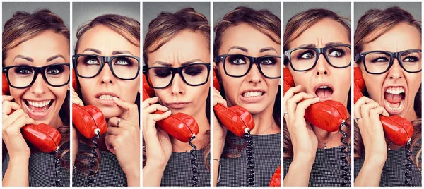 Mujer joven cambiando las emociones de feliz a enojado al contestar el teléfono — Foto de Stock