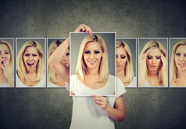 Masked blonde young woman expressing different emotions — Stock Photo, Image