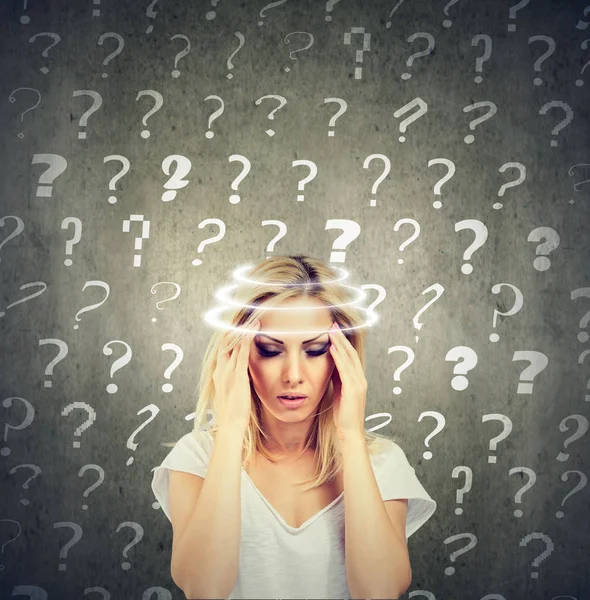 Portrait confused thinking young woman with vertigo dizziness has many questions — Stock Photo, Image
