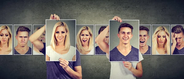 Wyważone. Zamaskowana kobieta i mężczyzna wyrażenia różnych emocji wymiany twarze — Zdjęcie stockowe