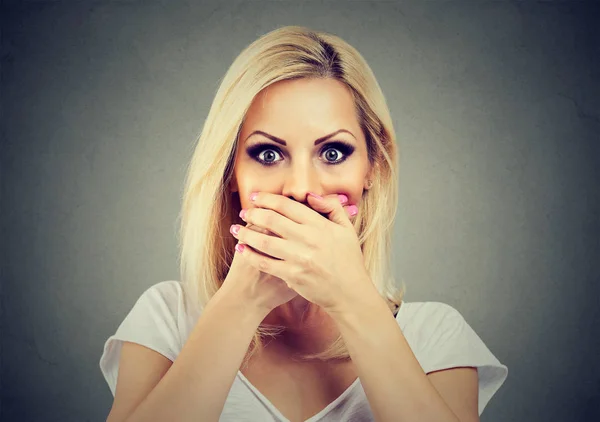 Woman covering her mouth with hands scared to speak out about abuse — Stock Photo, Image