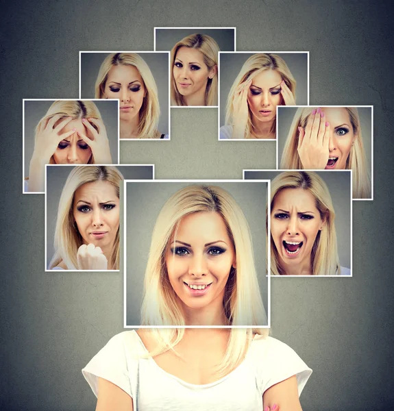 Mujer enmascarada feliz expresando diferentes emociones —  Fotos de Stock